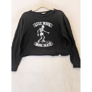 Local Lab‎ Women's Size S Black Less Work More Skate Skeleton Graphic Crop Shirt